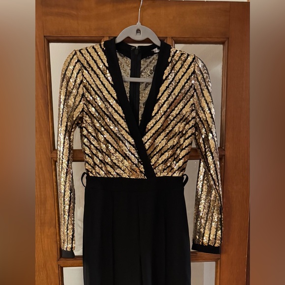 Elegant Black and Gold Sequin Wide Pant Jumpsuit - Picture 2 of 7